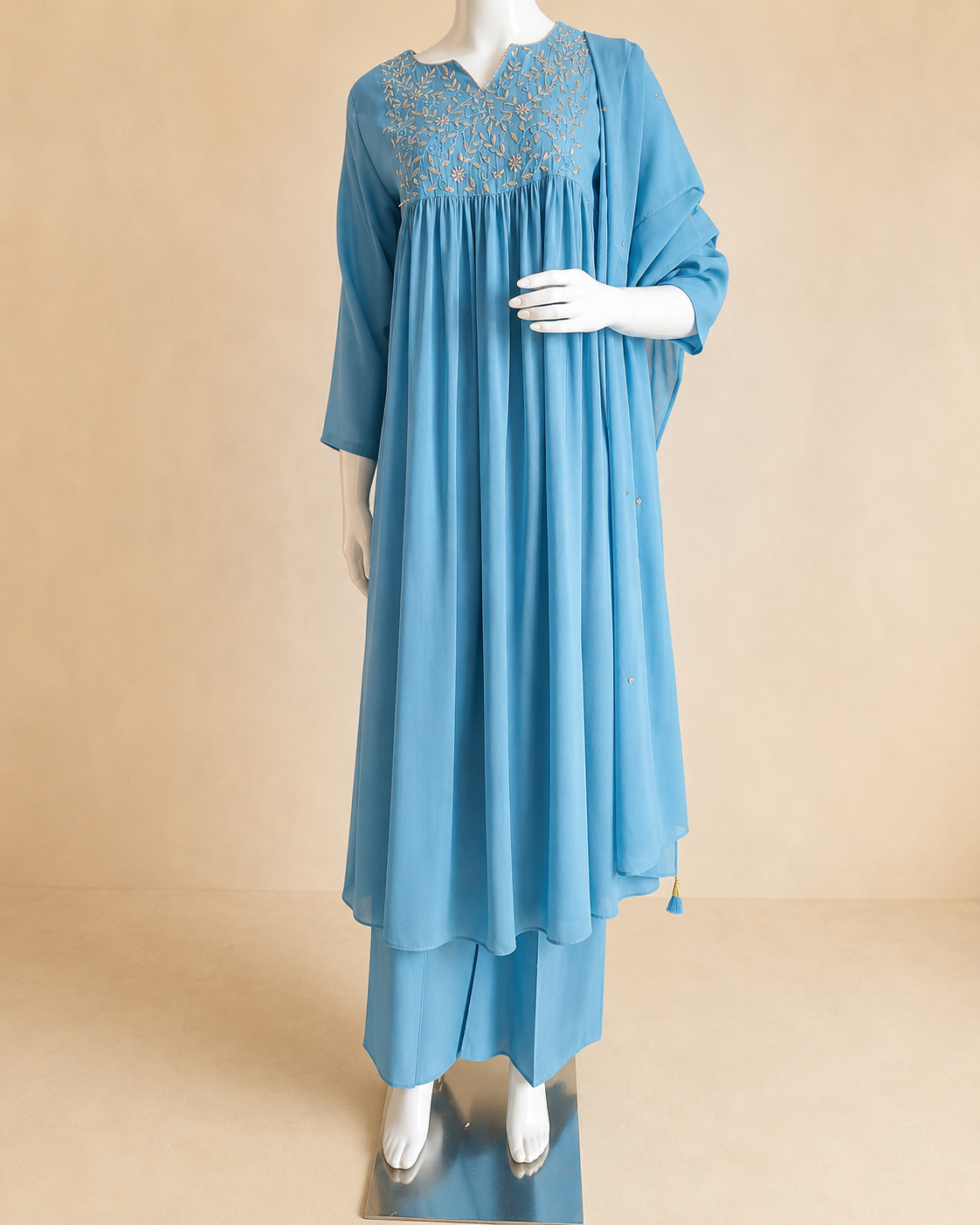MulCotton Sky Blue with Embroidery 3 piece Suite
