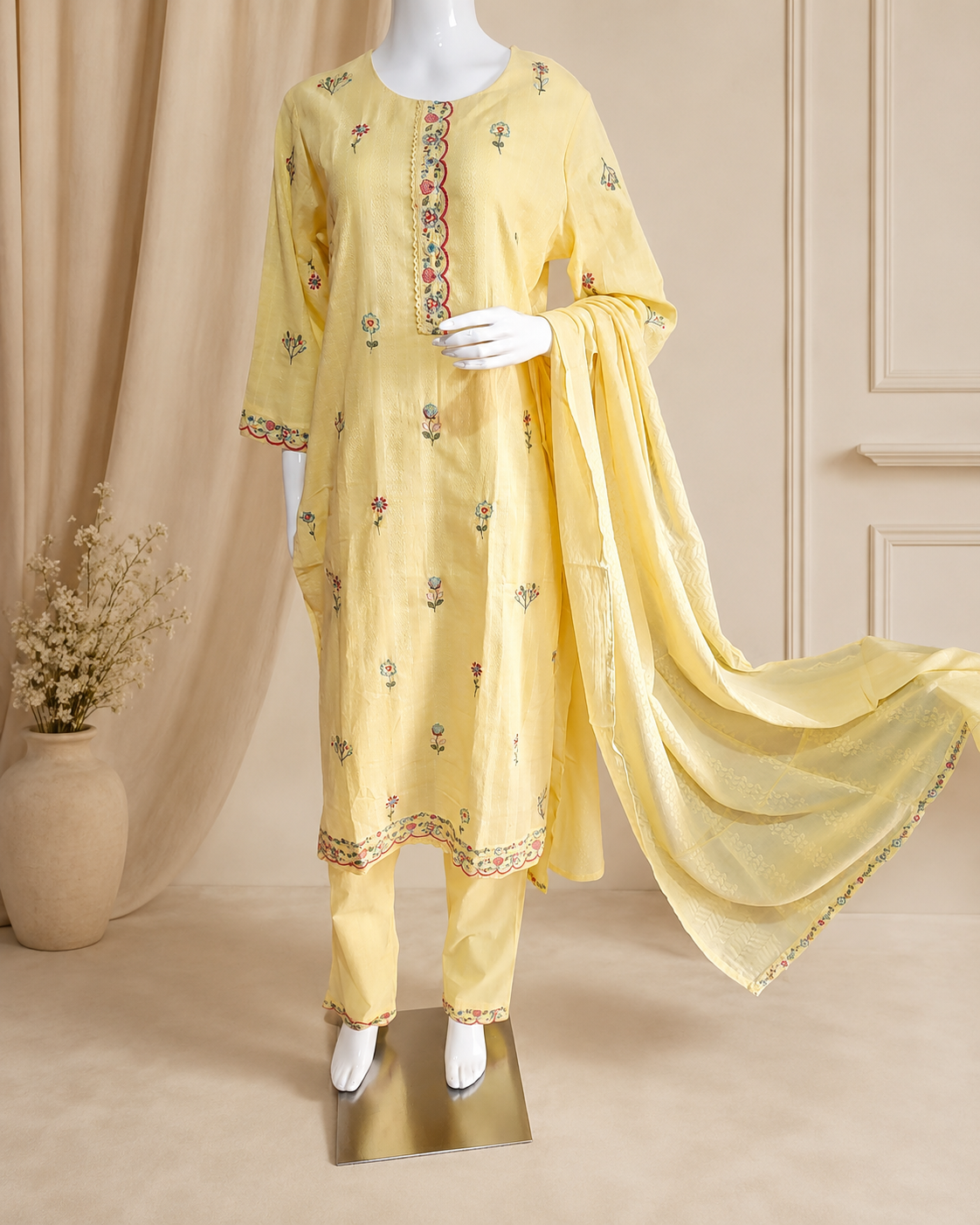 Cotton Yellow with Embroidery 3 piece Suite
