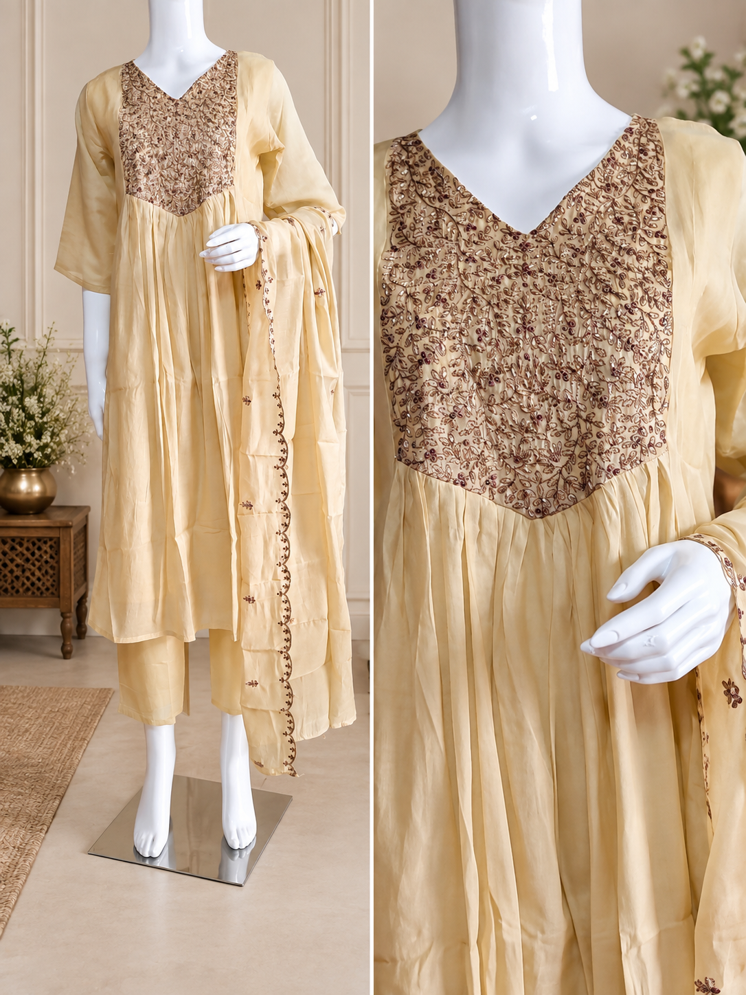 MulCotton Cream with Sequence work 3 Piece Suite