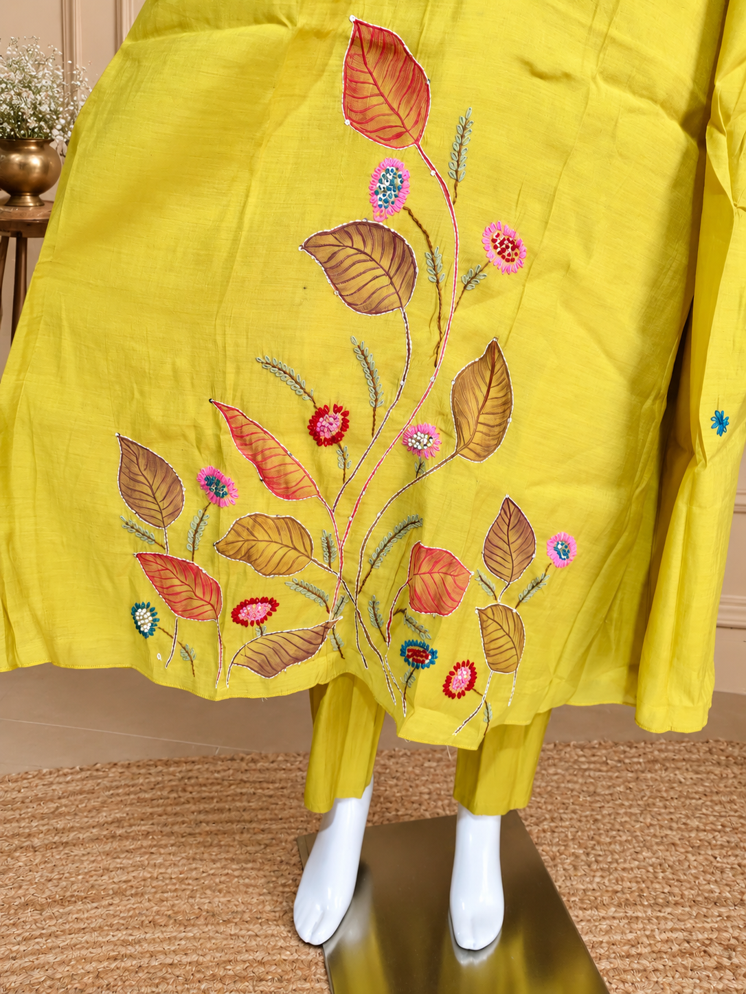 Cotton Musturd Yellow with Hand paint & Embroidery 3 piece Suite