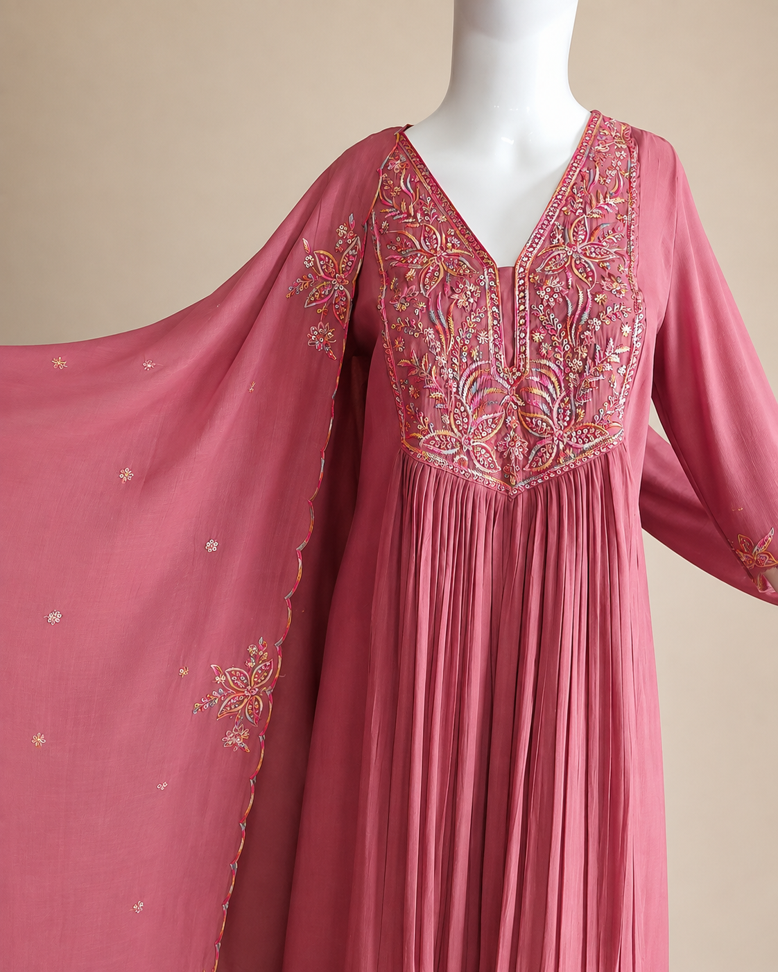 MulCotton Peach Pink with Embroidery 3 piece Suite