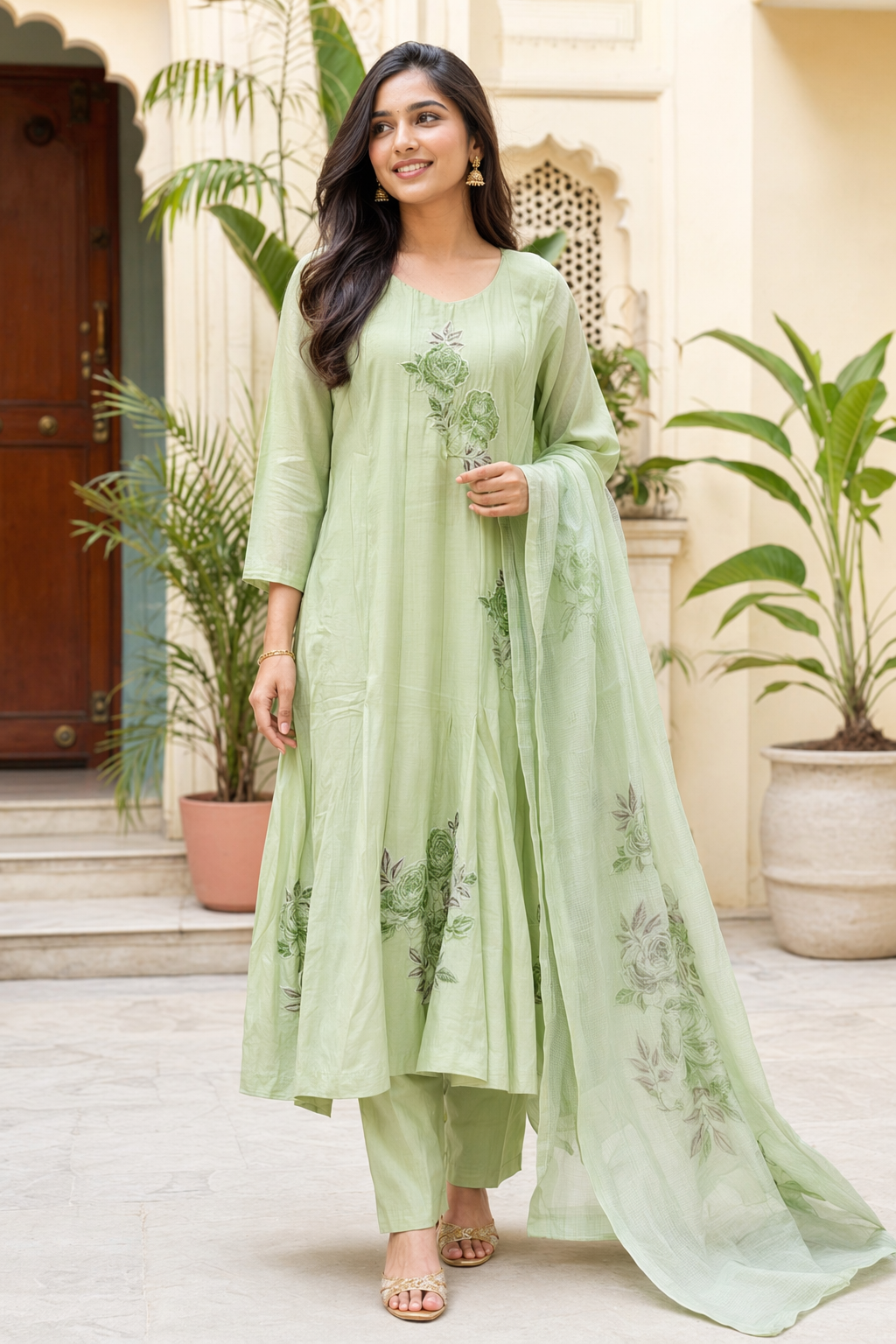 Cotton Light Green with position work 3 piece Suite