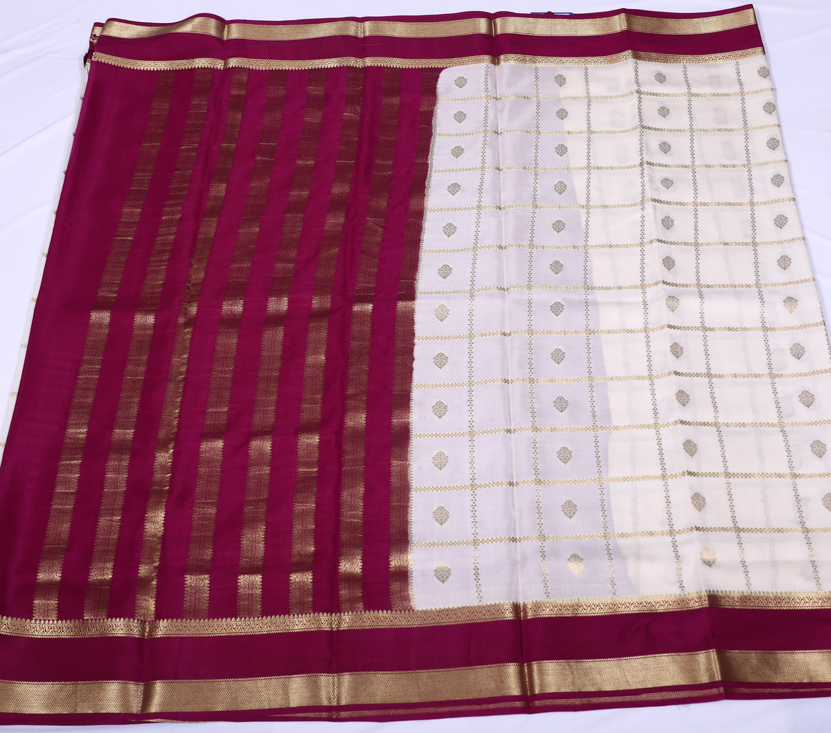 Cream with Maroon Rathna Btx Checks Butta Cont Pure Crepe Silk Saree