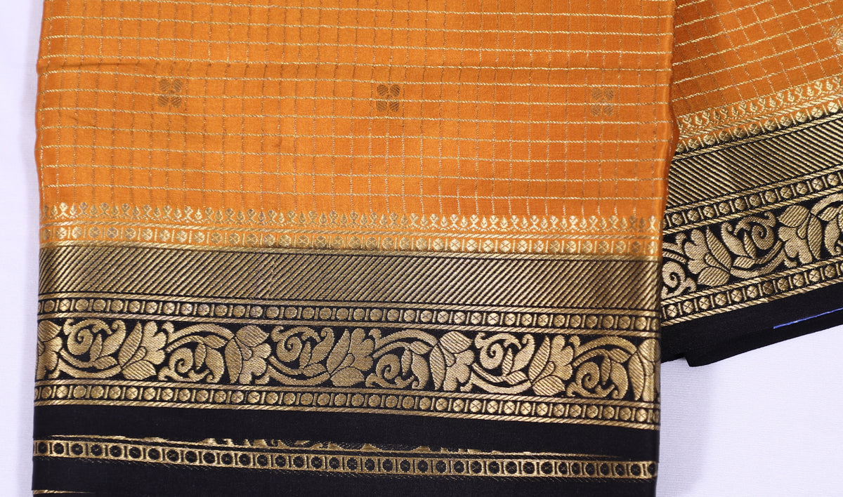 Musturd Yellow with Black Divya Checks Butta Cont Pure Crepe Silk Saree