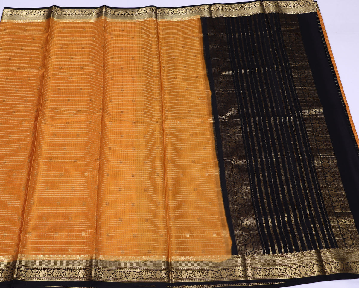 Musturd Yellow with Black Divya Checks Butta Cont Pure Crepe Silk Saree