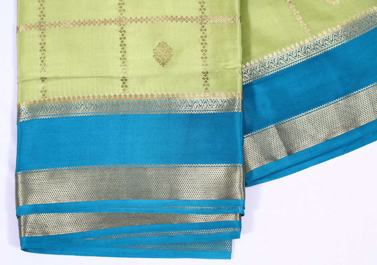 Light Green with Blue Rathna Btx Checks Butta Cont Pure Crepe Silk Saree