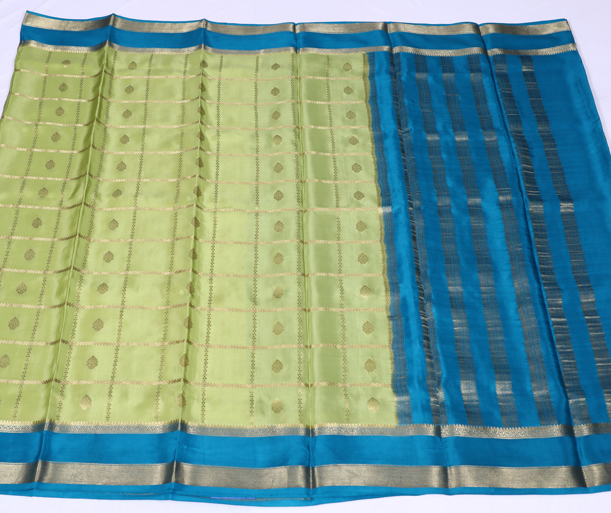 Light Green with Blue Rathna Btx Checks Butta Cont Pure Crepe Silk Saree