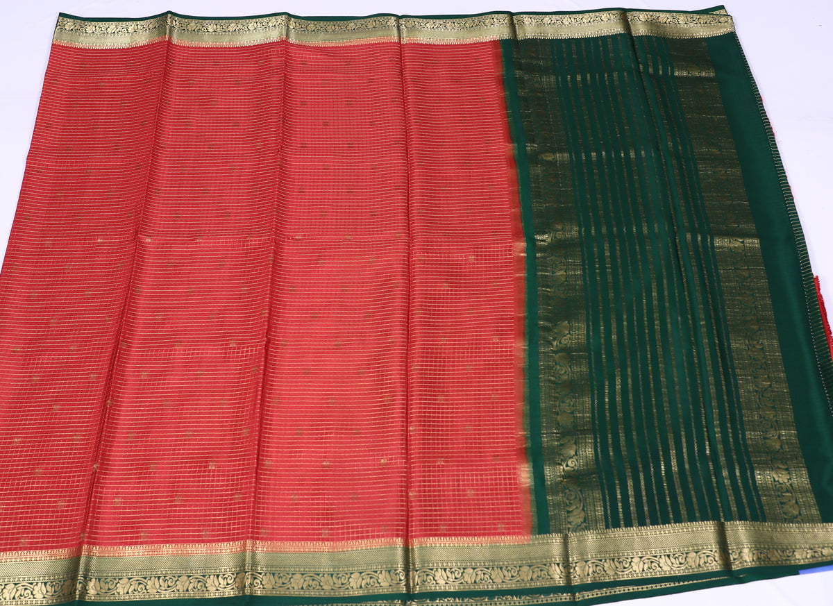 Pinkish Orange with Green Divya Checks  Butta Cont Pure Crepe Silk Saree