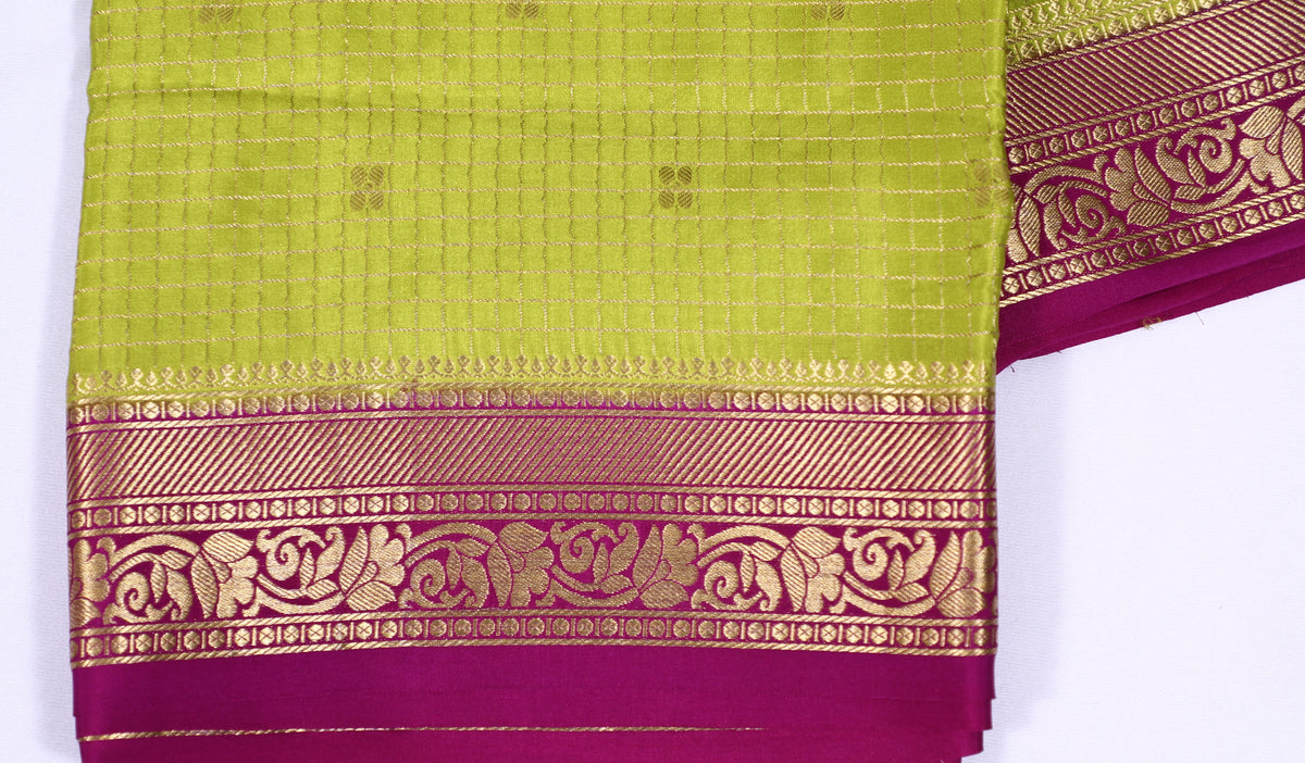 Light Green with Wine Divya Checks Butta Cont Pure Crepe Silk Saree