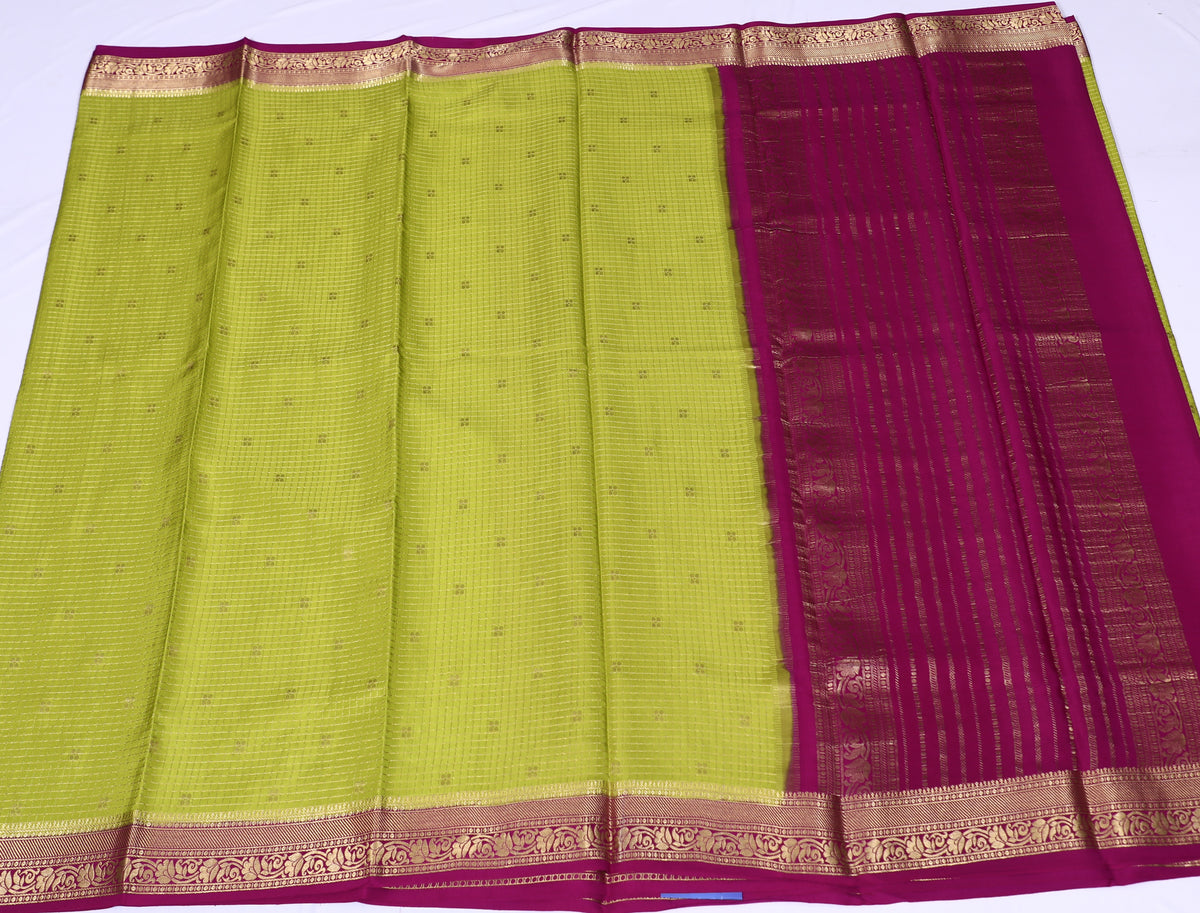 Light Green with Wine Divya Checks Butta Cont Pure Crepe Silk Saree