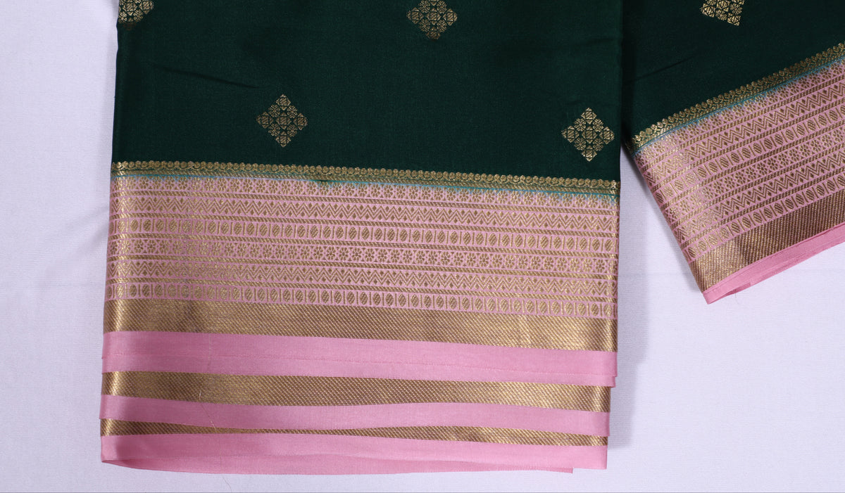 Bottle Green with Pink Lakshmi B/b Cont Pure Crepe Silk Saree