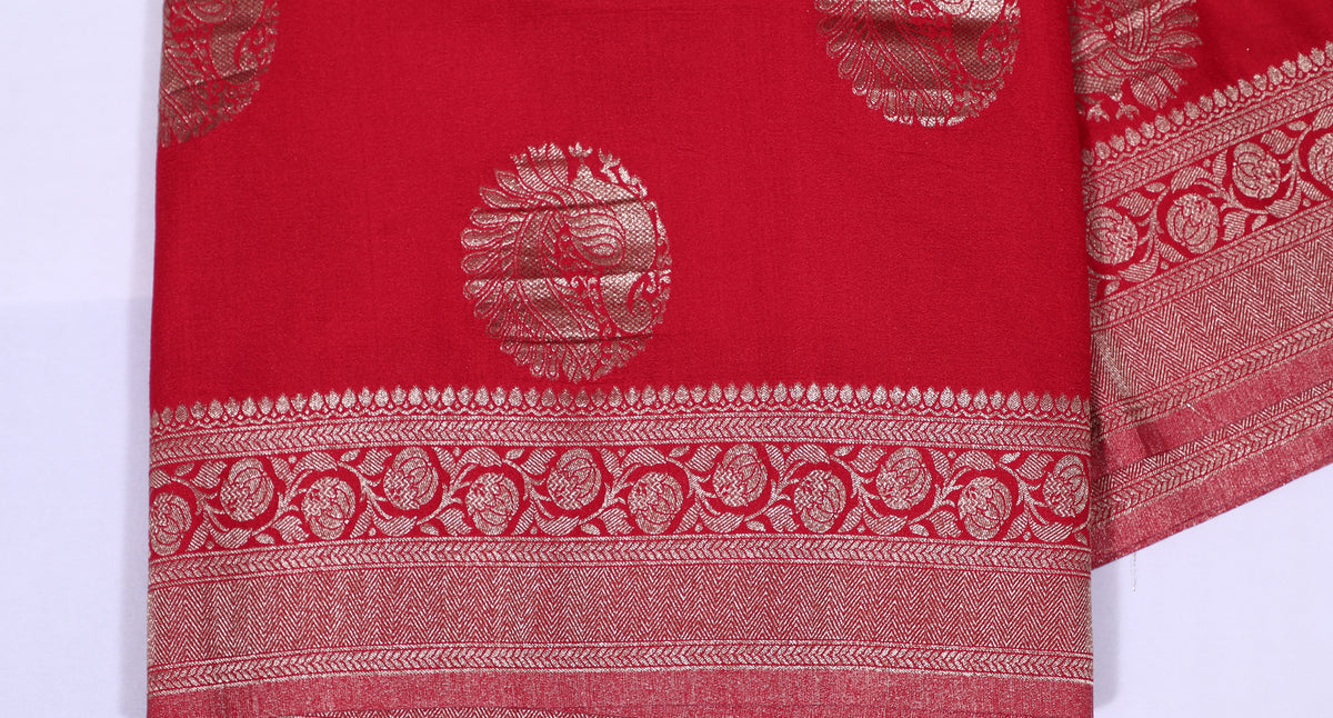 Red with Peacock motif Banarasi Crape