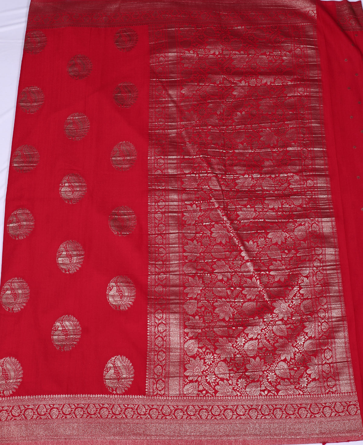 Red with Peacock motif Banarasi Crape