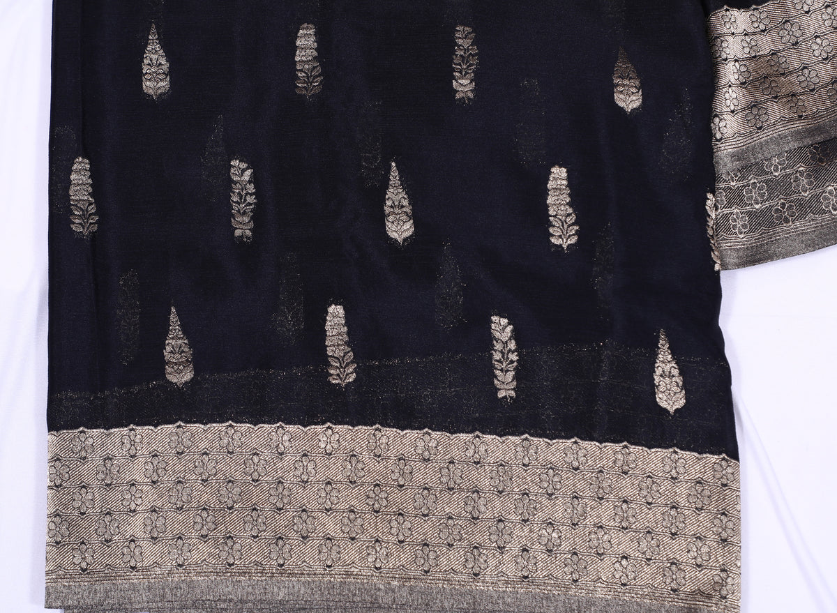 Navy Blue Silver Zari Banaras Crape Silk