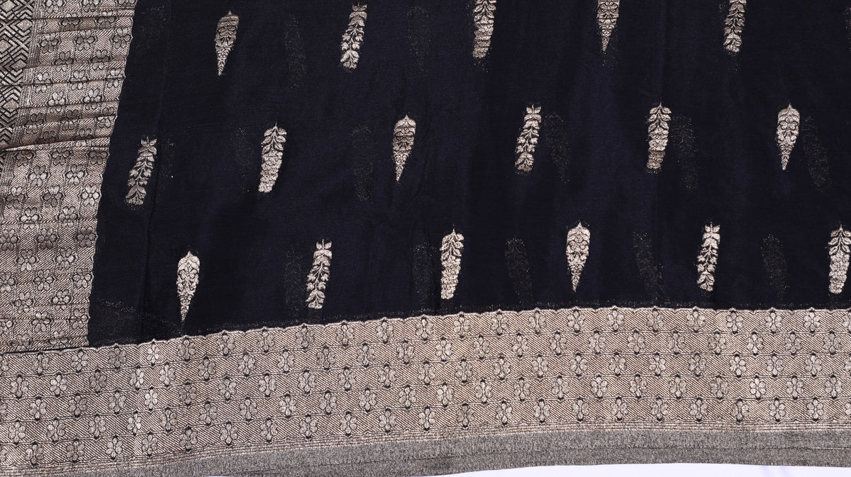 Navy Blue Silver Zari Banaras Crape Silk