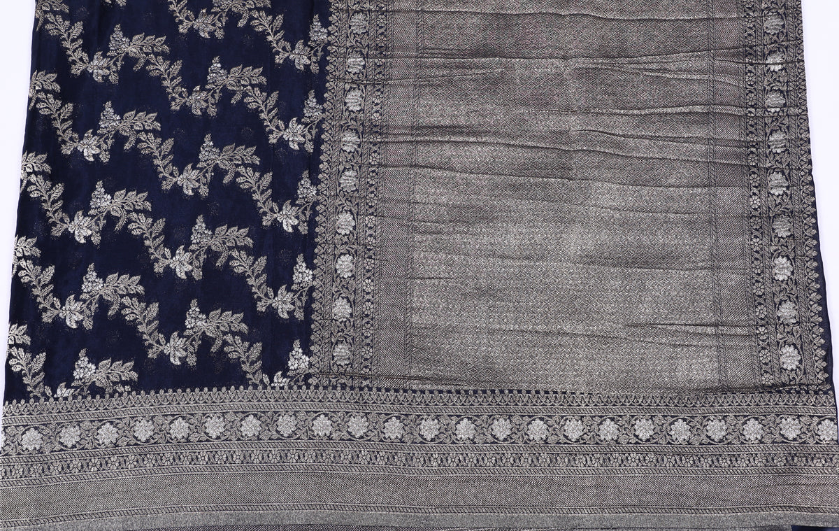 Navy Blue with Silver Zari Banarasi Crape