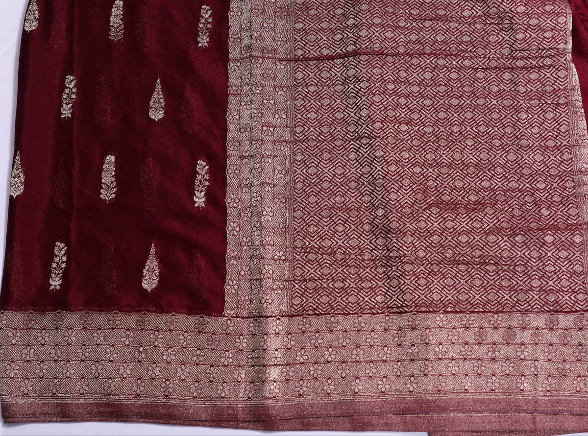 Maroon Silver Zari Banaras Crape Silk