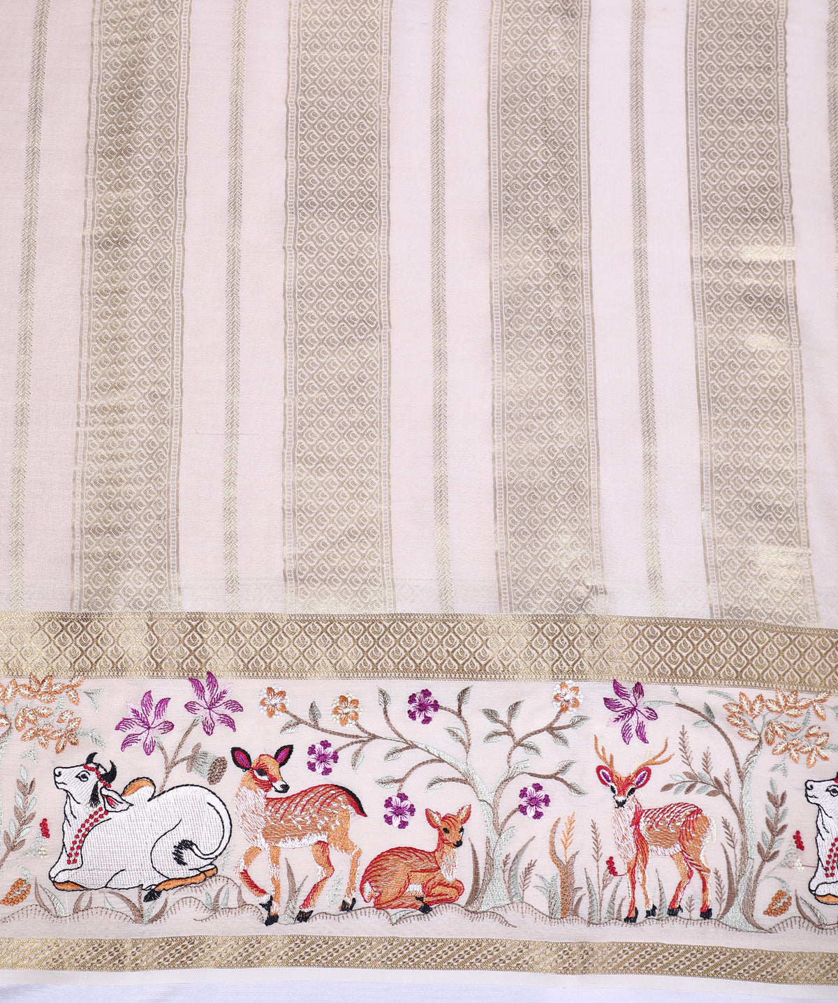 Peach Check Emb Work Pure Crepe Silk Saree
