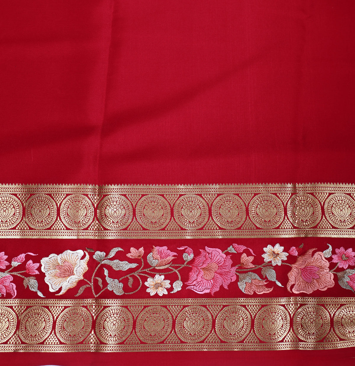 Red Self Plain Emb Work Pure Crepe Silk Saree