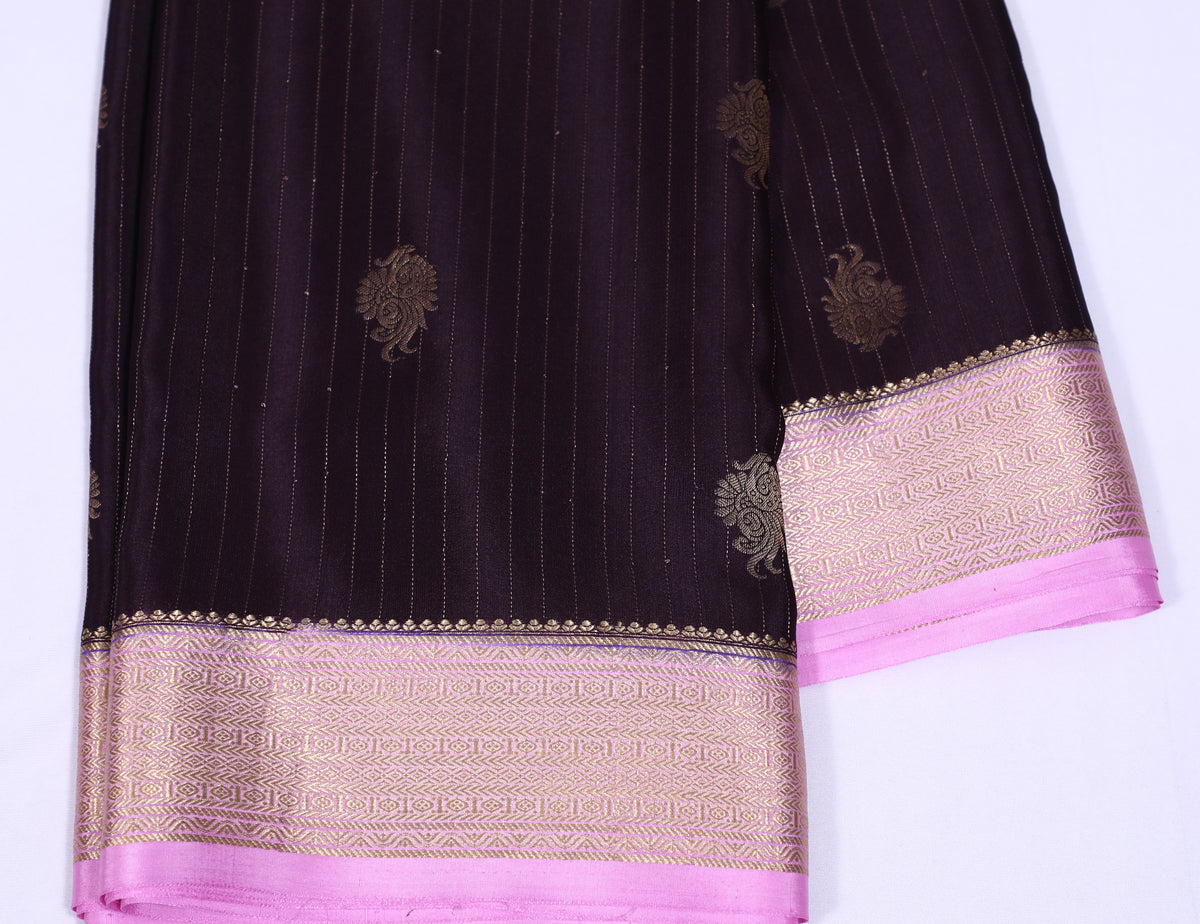 Brown with Pink Checks Butta Pure Crepe Silk Saree