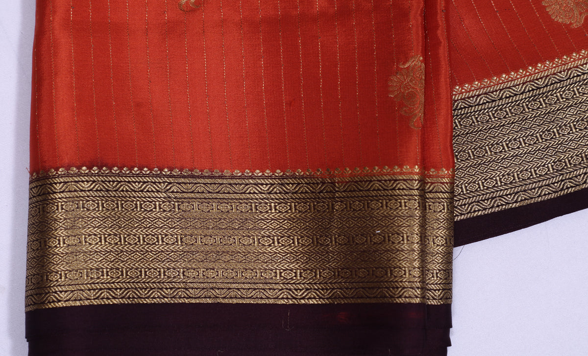 Rust Orange with Brown Checks Butta Pure Crepe Silk Saree