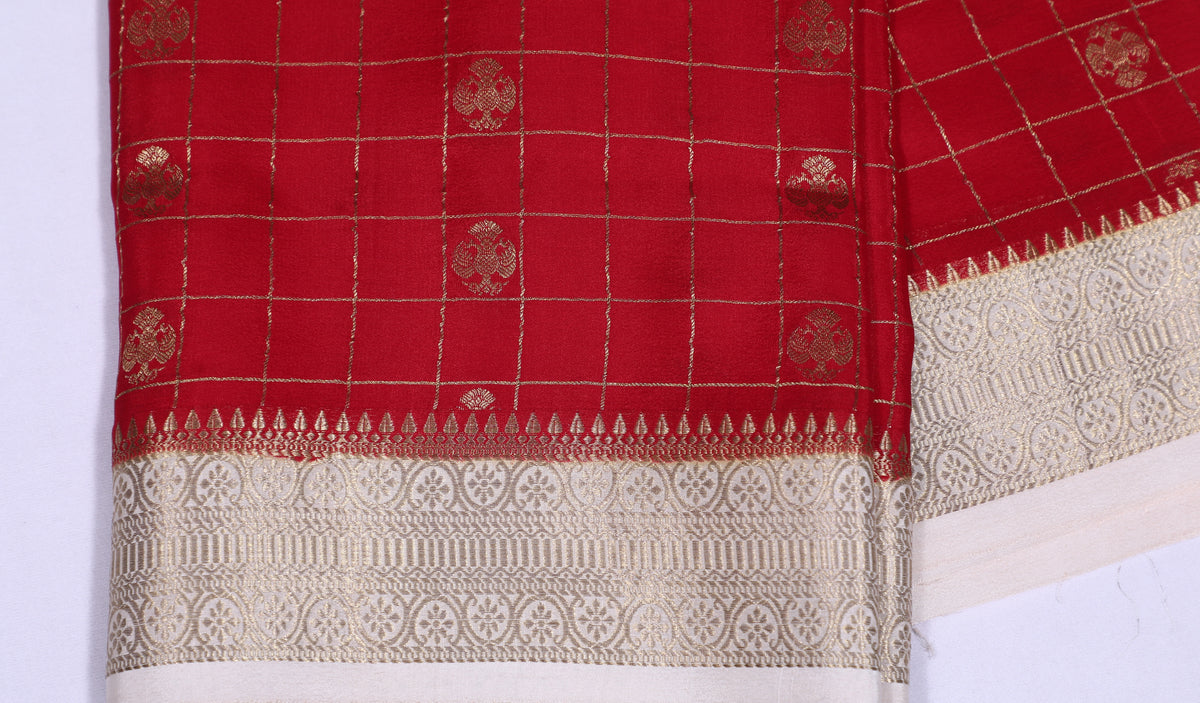 Red with Cream Checks Butta Pure Crepe Silk Saree