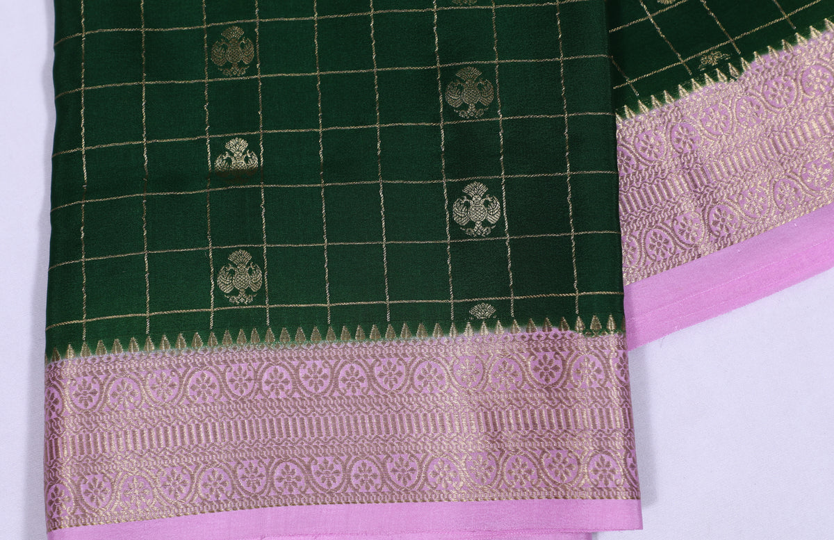 Green with Pink Checks Butta Pure Crepe Silk Saree