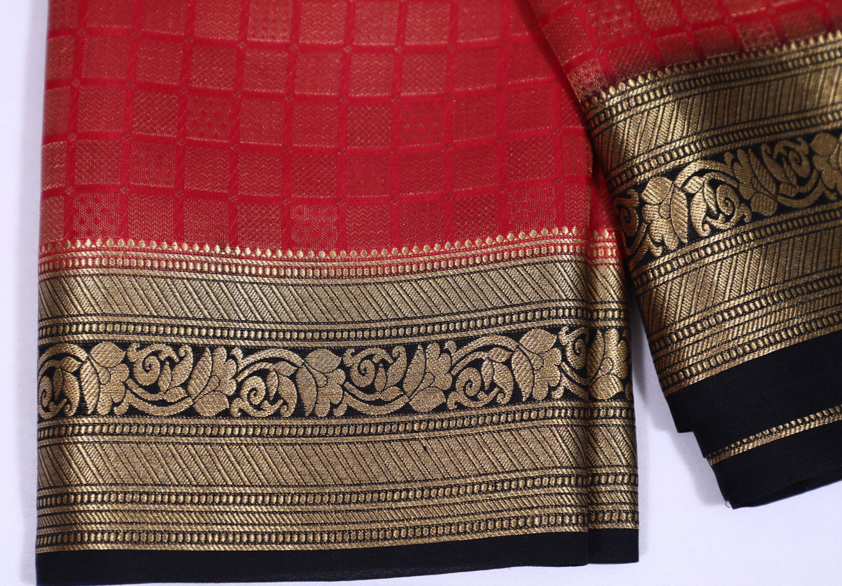 Red with Black Self Zari Brocade Pure Crepe Silk Saree