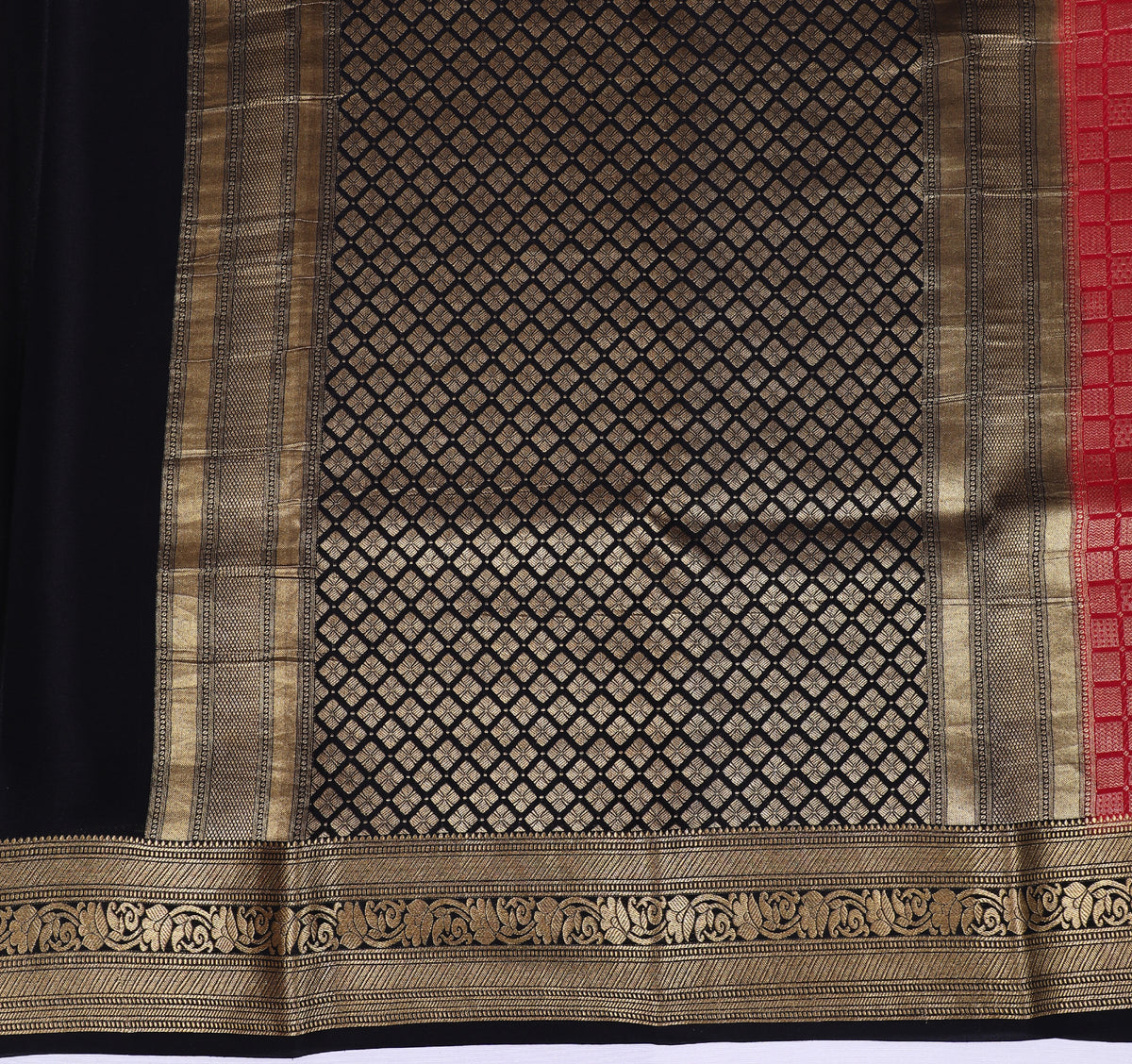 Red with Black Self Zari Brocade Pure Crepe Silk Saree