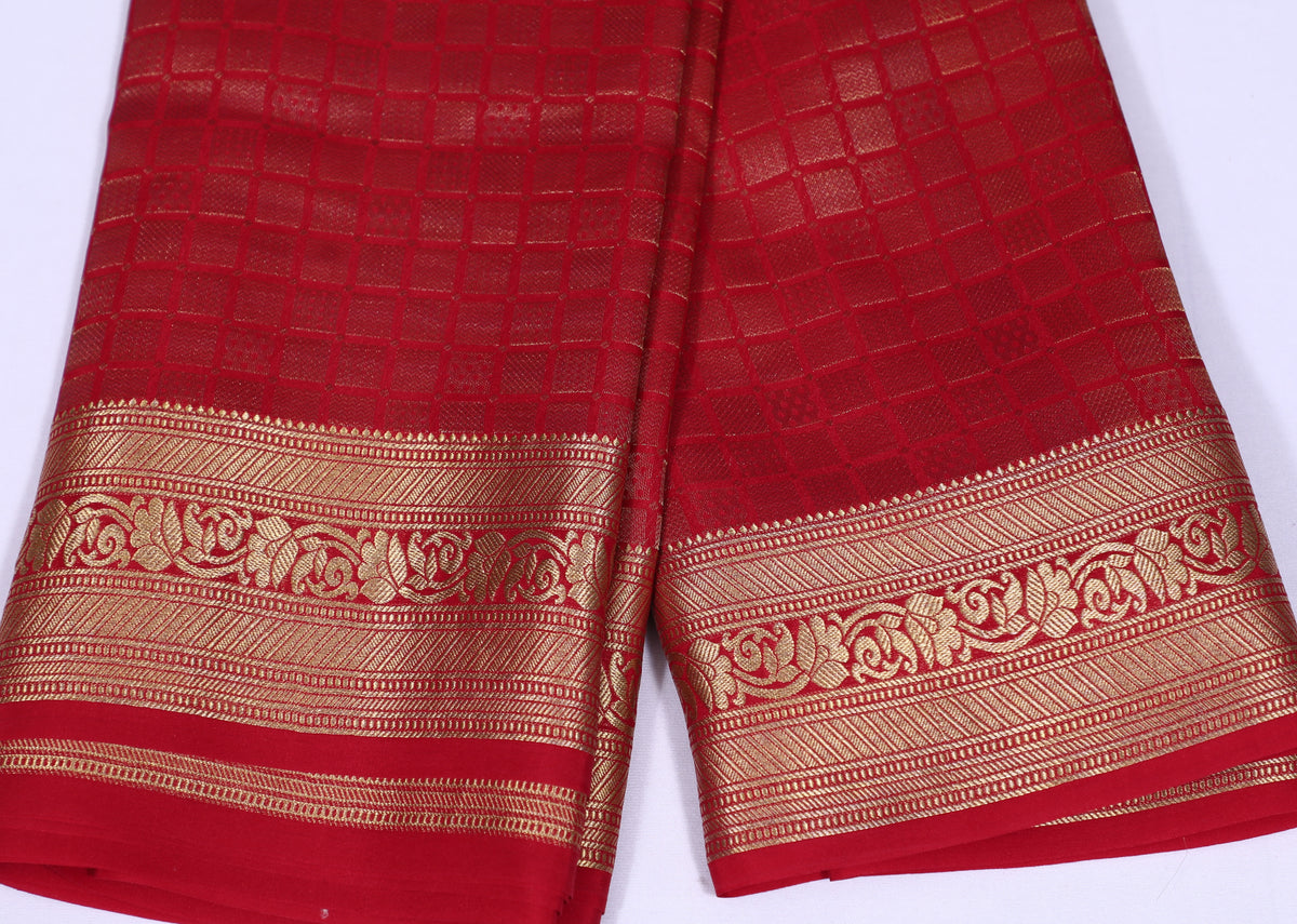 Red Self Zari Brocade Pure Crepe Silk Saree