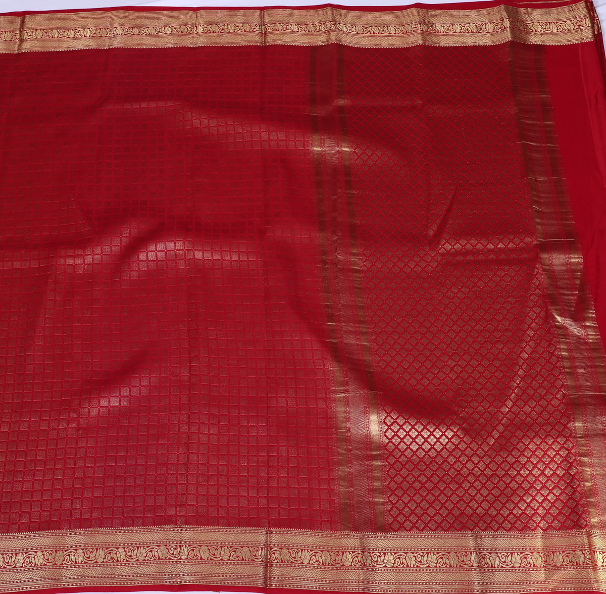 Red Self Zari Brocade Pure Crepe Silk Saree