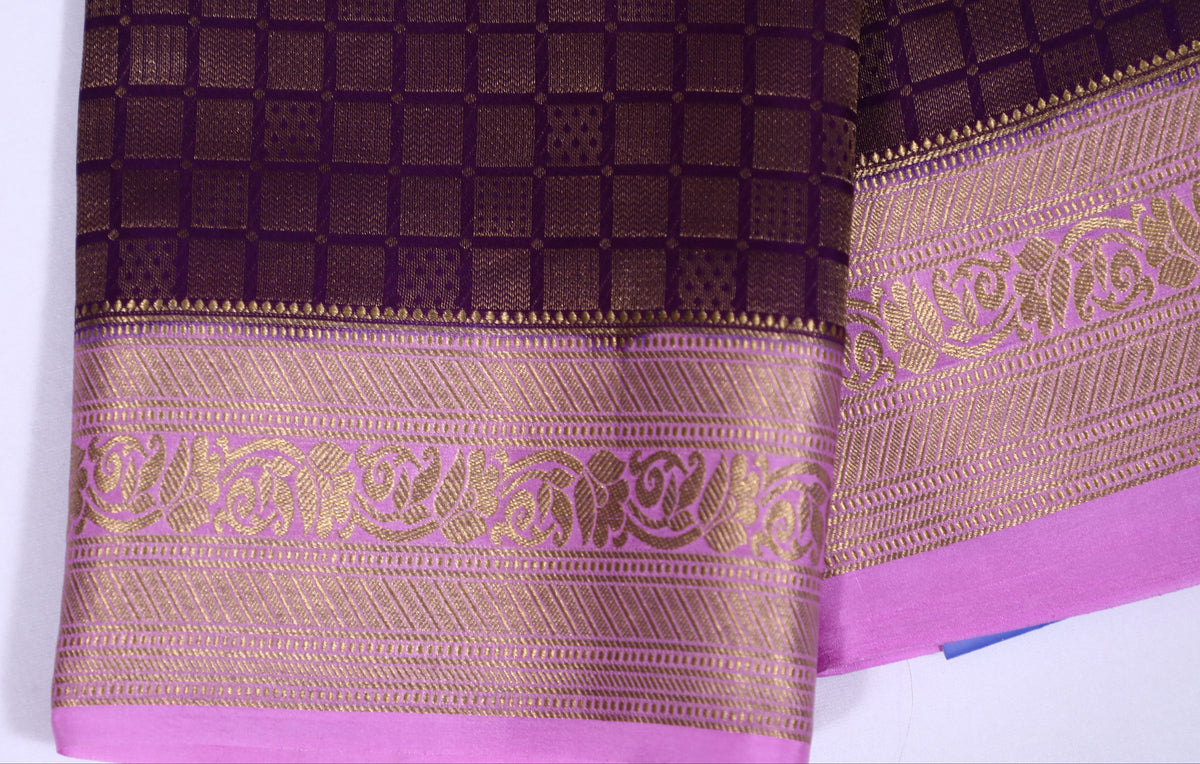 Purple with Pink Self Zari Brocade Pure Crepe Silk Saree