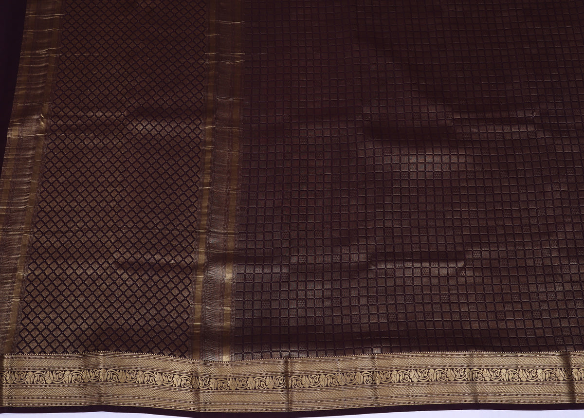 Brown Self Zari Brocade Pure Crepe Silk Saree