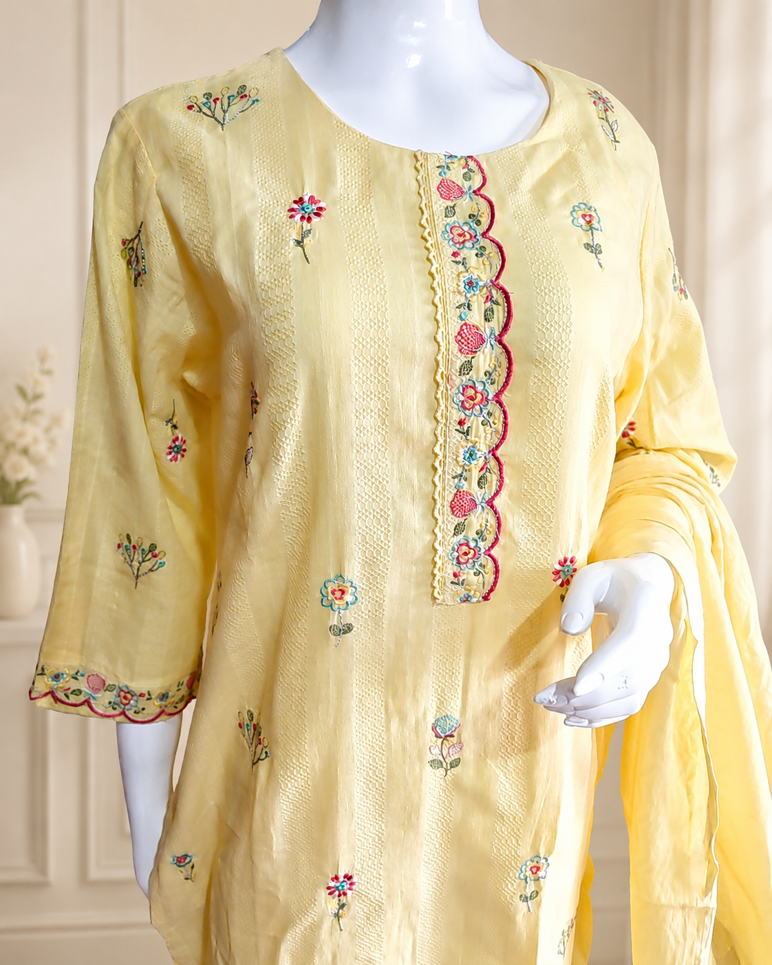 Cotton Yellow with Embroidery 3 piece Suite