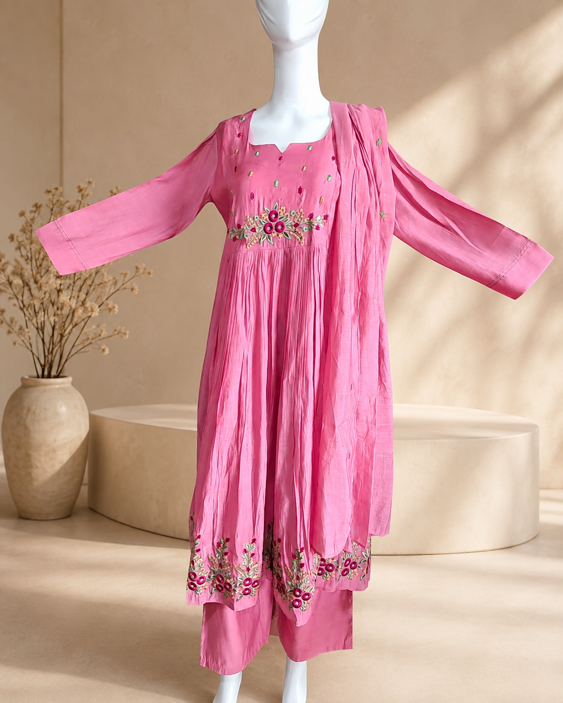 MulCotton Pink with Embroidery 3 piece Suite