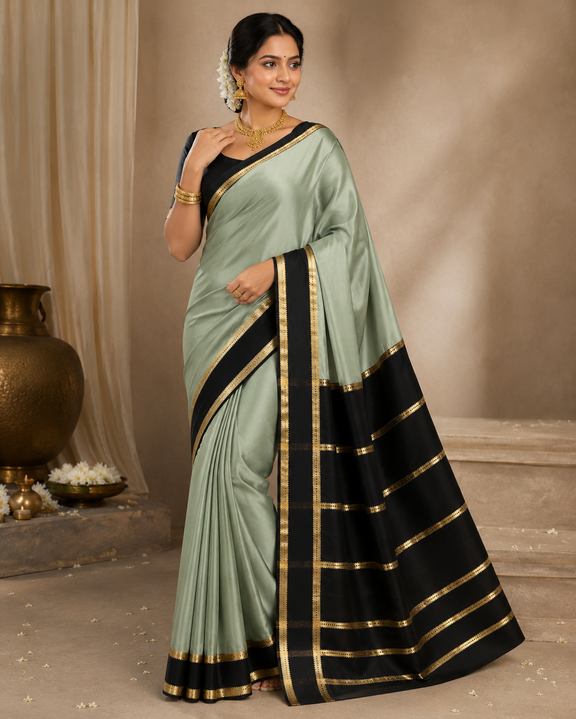 Teal Green with black Veda Btx Cont Pure Crepe Silk Saree
