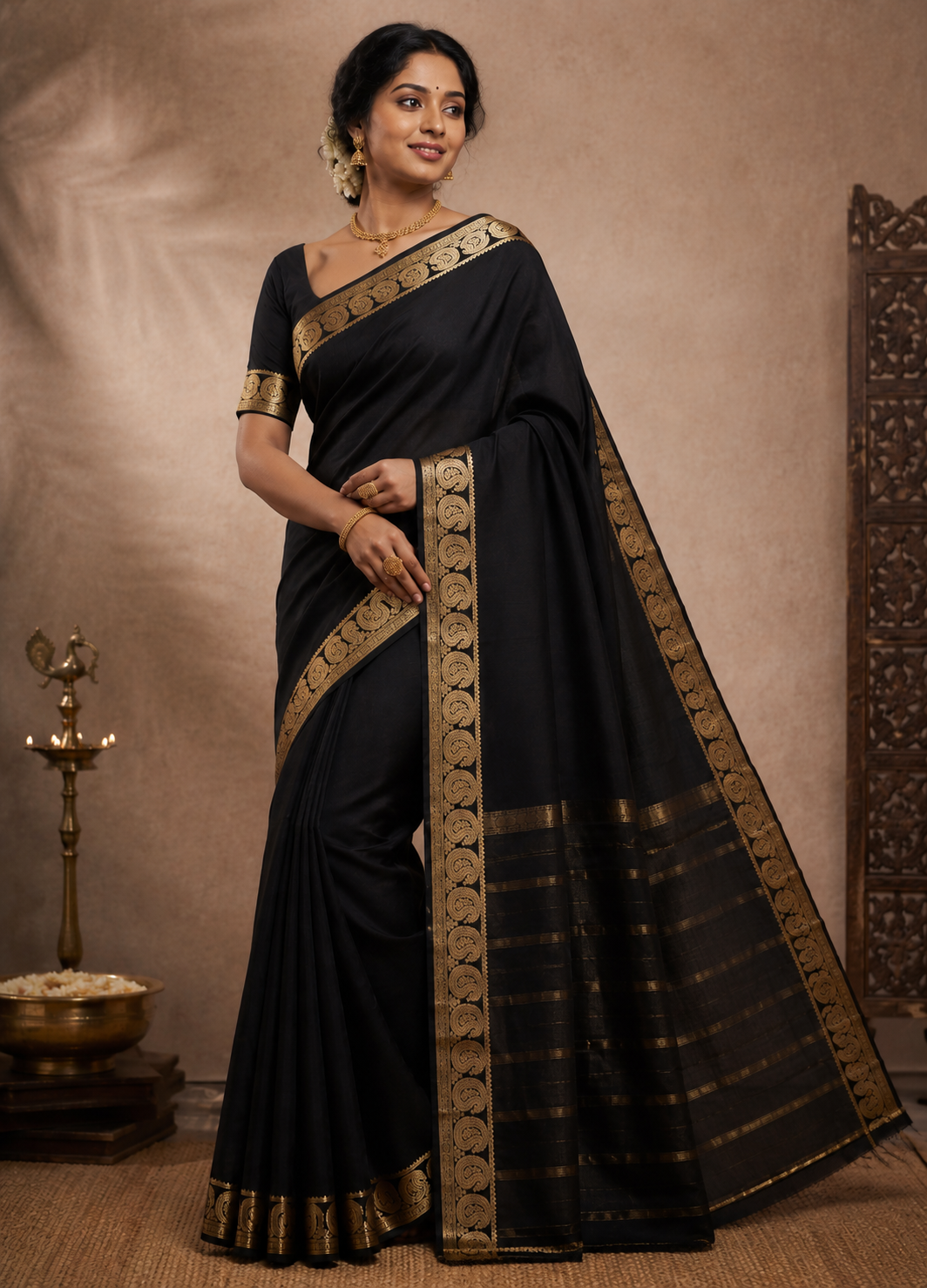 Black Gowry Mango Self Pure Crepe Silk Saree
