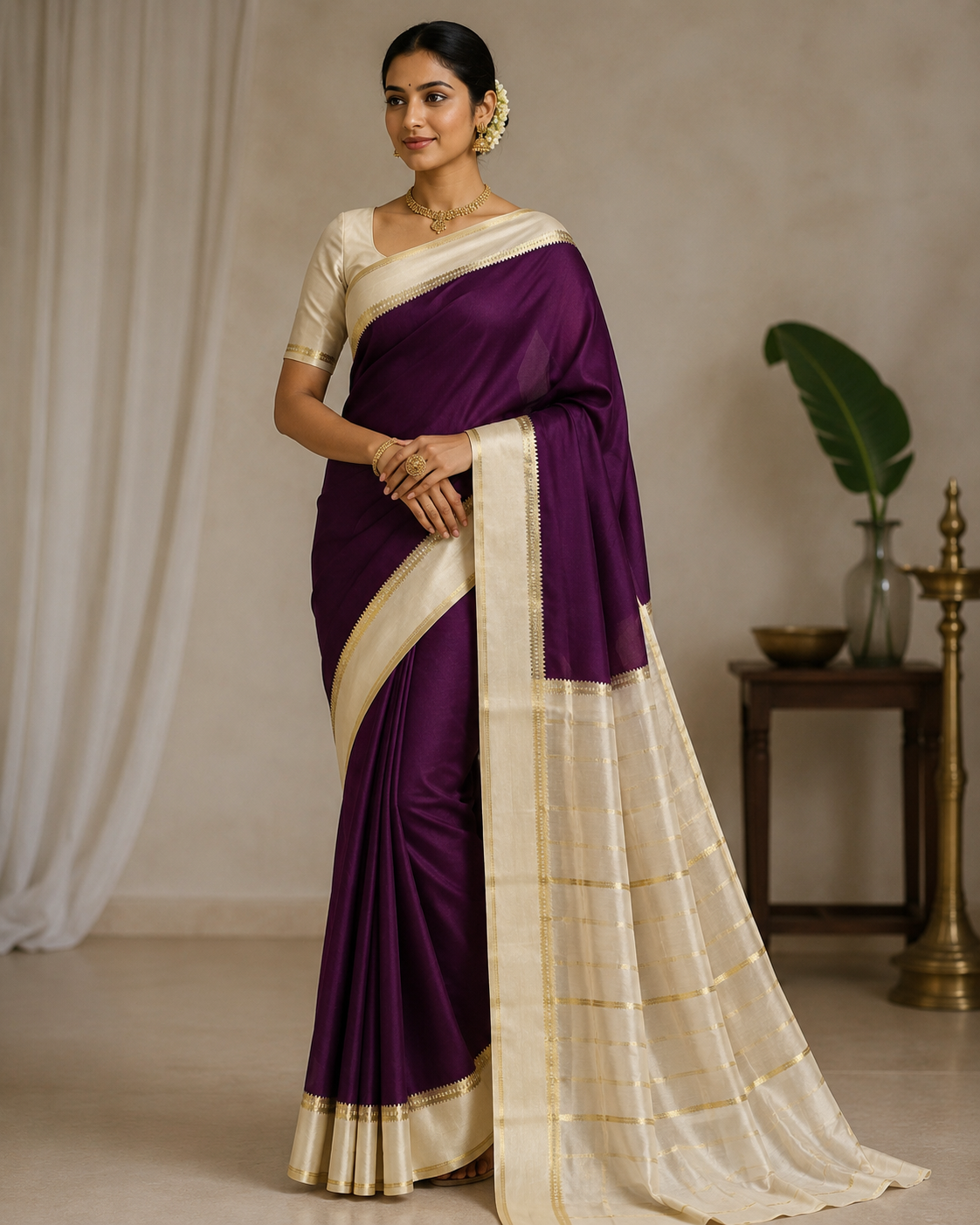 Purple with Cream Veda Btx Cont Pure Crepe Silk Saree