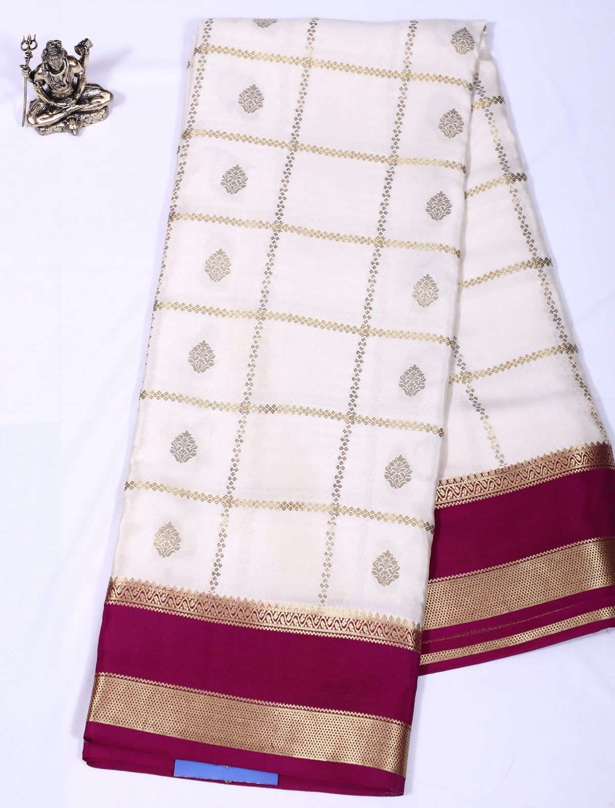 Cream with Maroon Rathna Btx Checks Butta Cont Pure Crepe Silk Saree