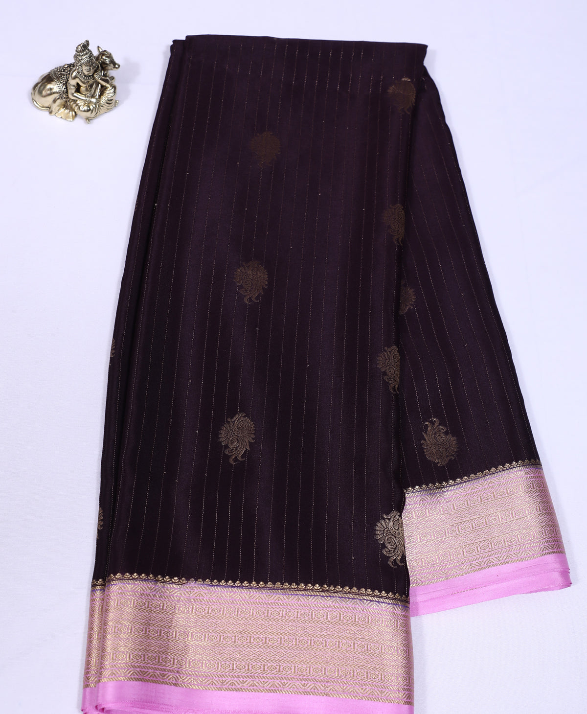 Brown with Pink Checks Butta Pure Crepe Silk Saree