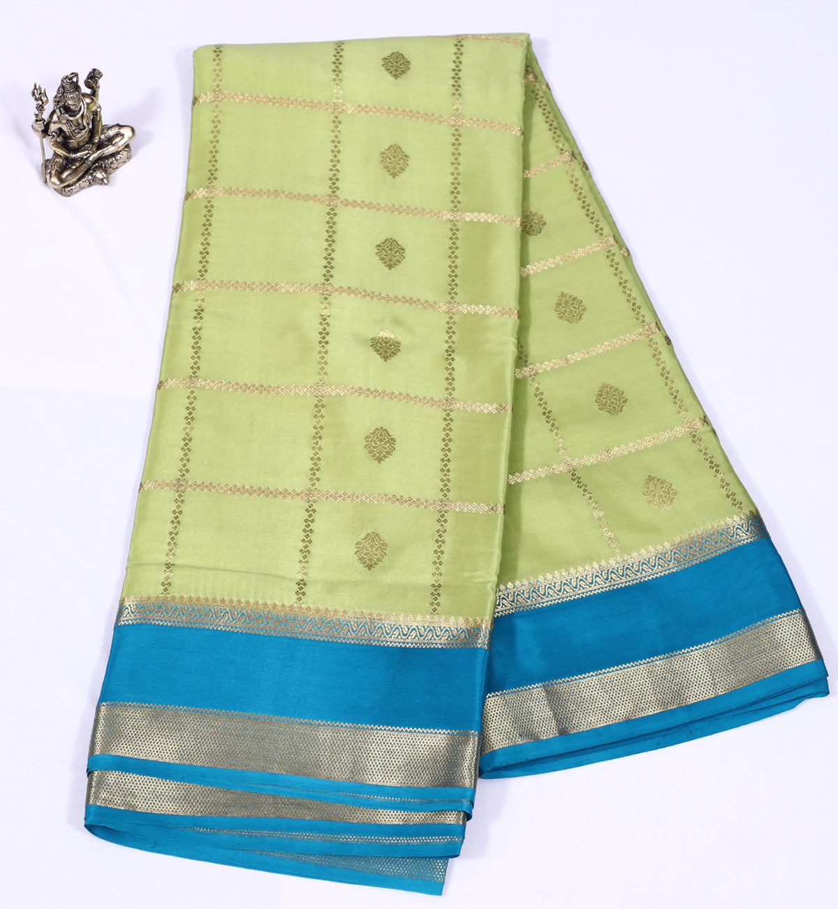 Light Green with Blue Rathna Btx Checks Butta Cont Pure Crepe Silk Sar ...