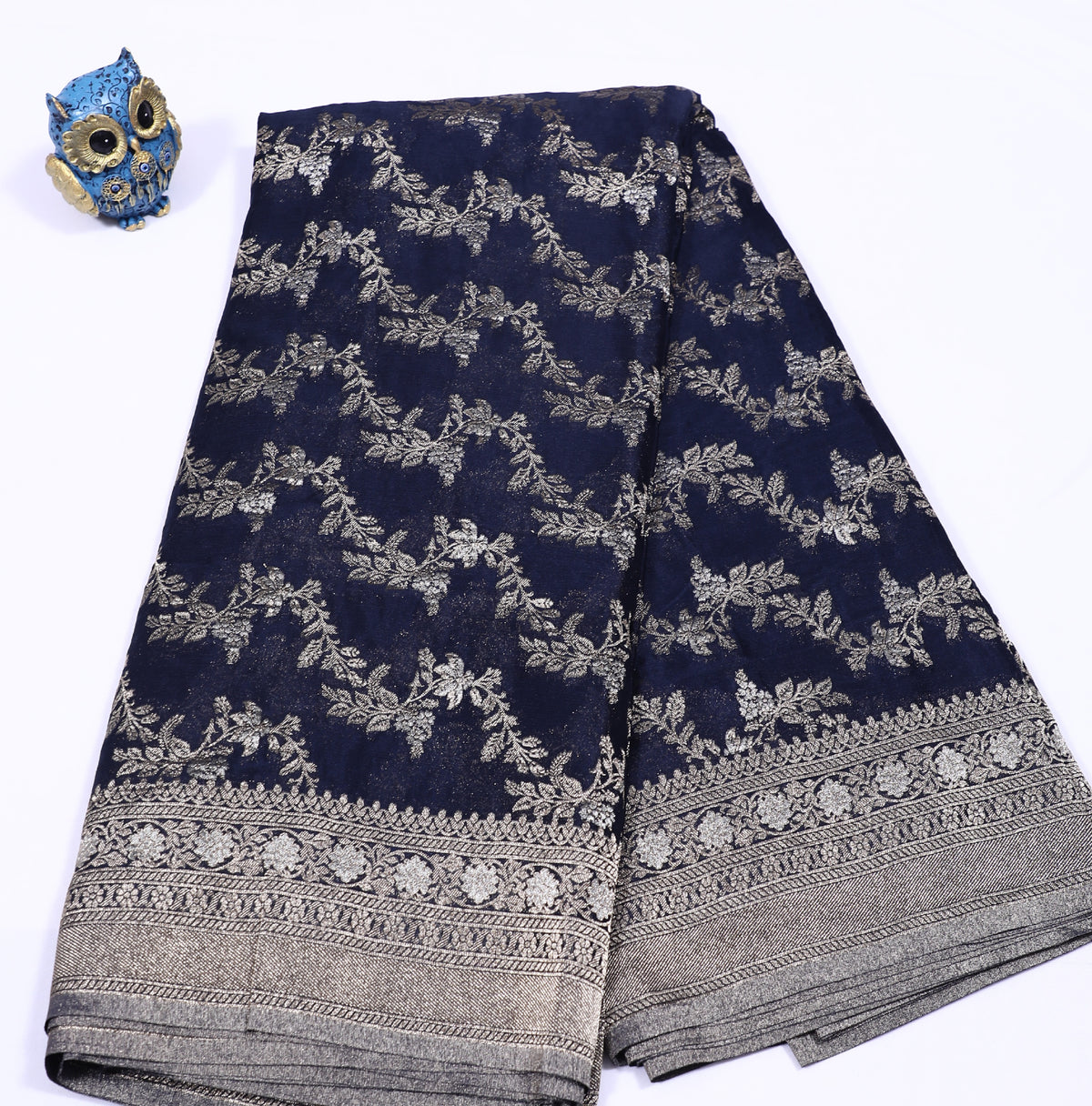Navy Blue with Silver Zari Banarasi Crape