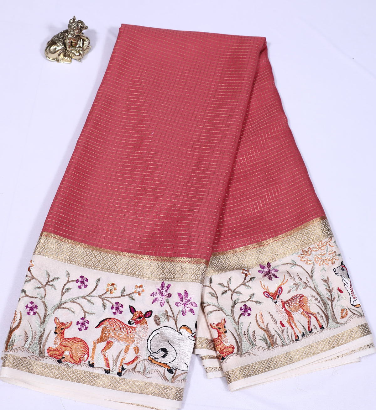 Peach Check Emb Work Pure Crepe Silk Saree