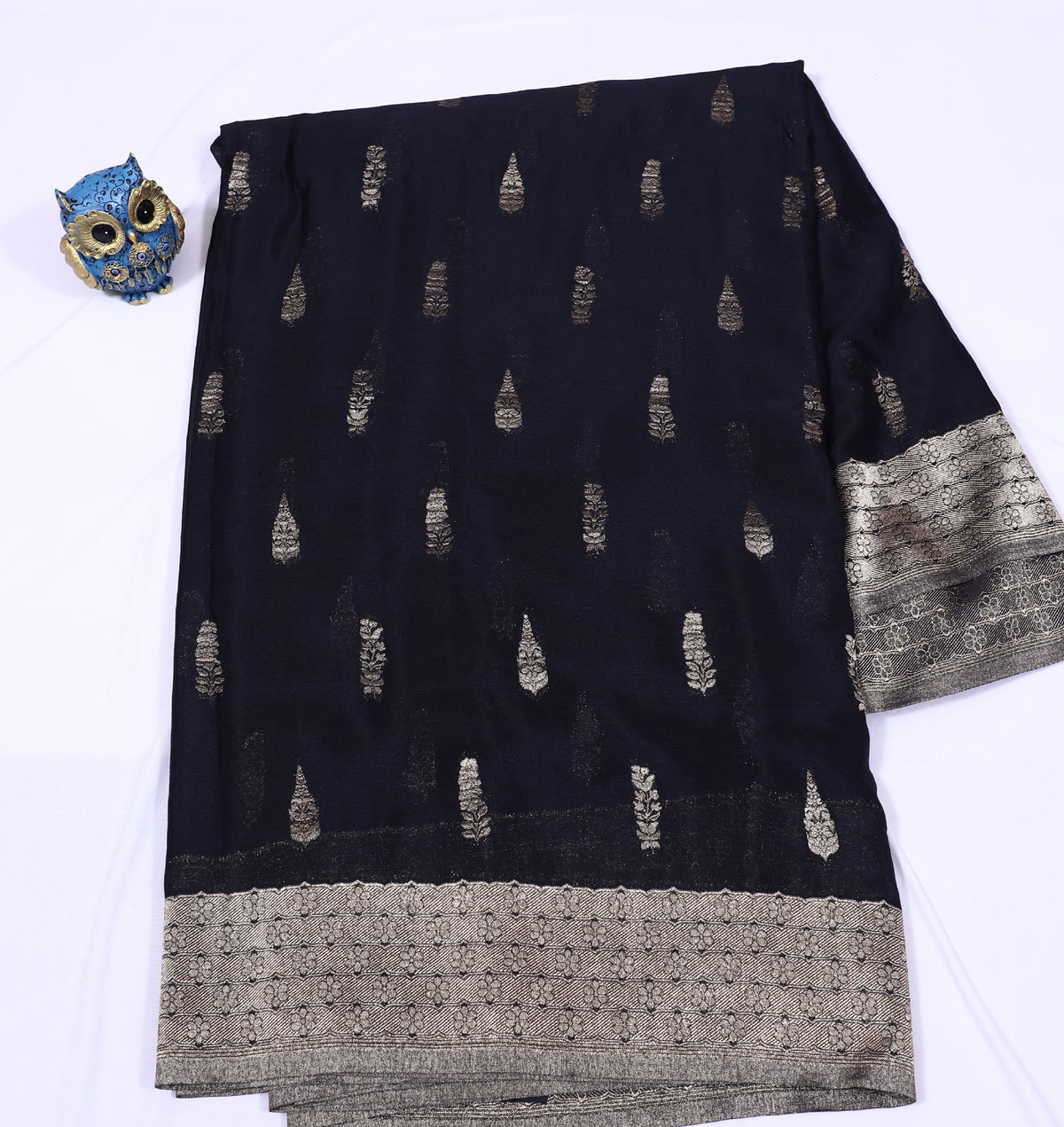 Navy Blue Silver Zari Banaras Crape Silk