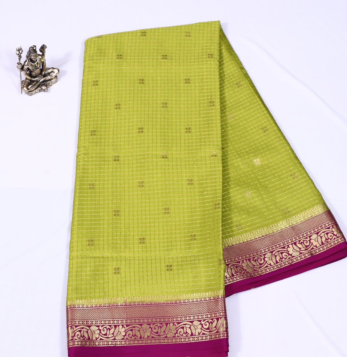 Light Green with Wine Divya Checks Butta Cont Pure Crepe Silk Saree