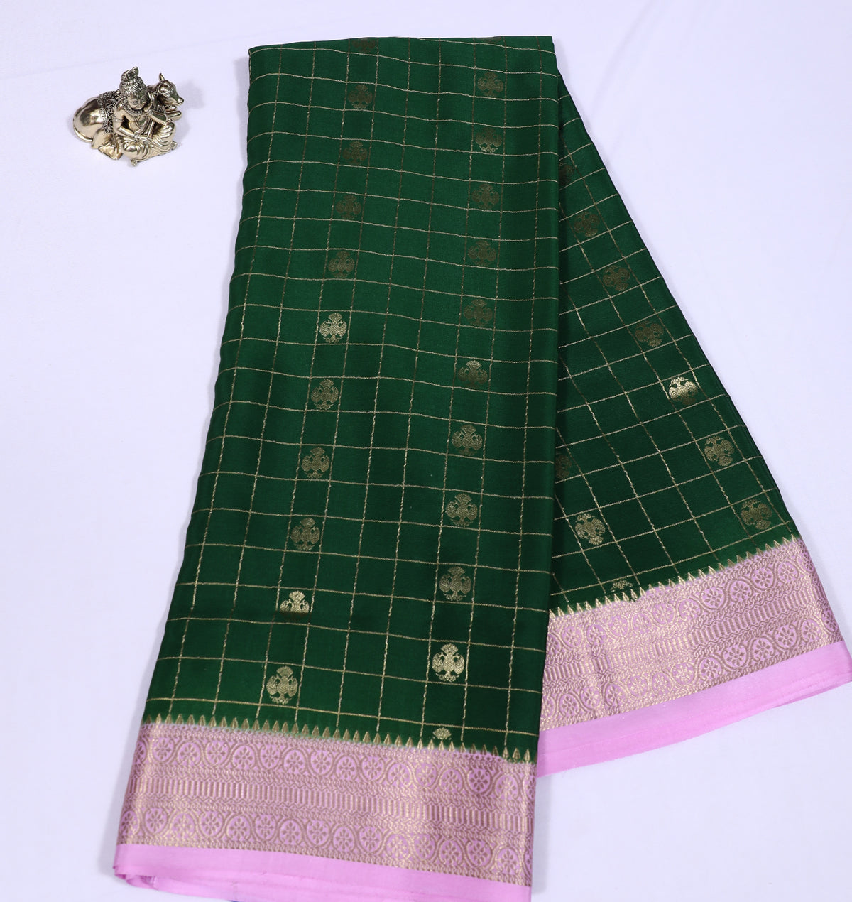 Green with Pink Checks Butta Pure Crepe Silk Saree