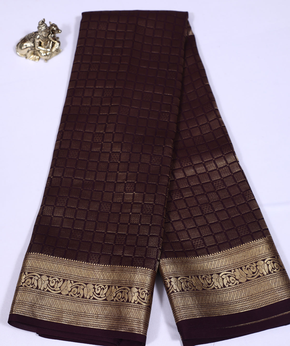 Brown Self Zari Brocade Pure Crepe Silk Saree