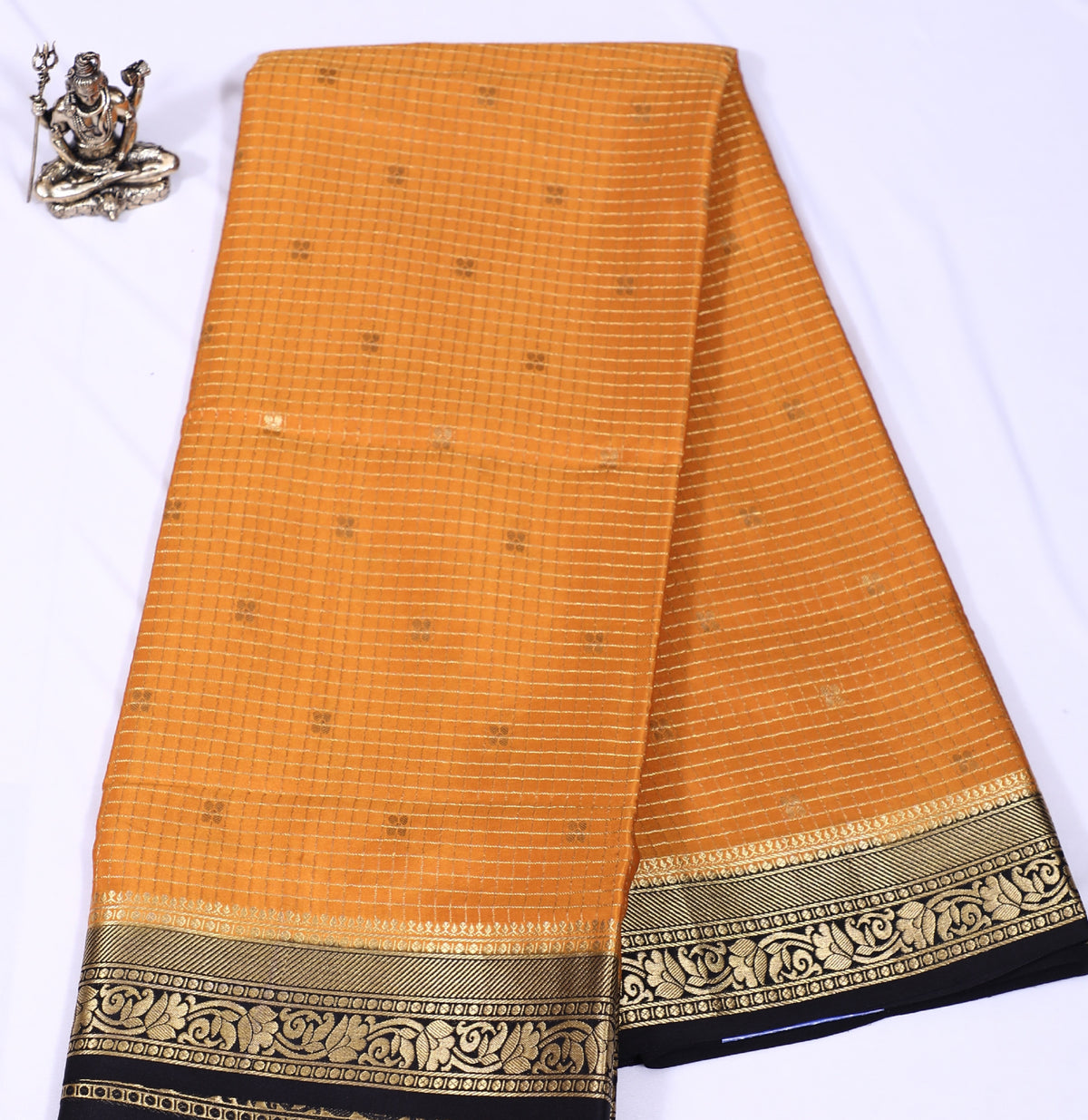 Musturd Yellow with Black Divya Checks Butta Cont Pure Crepe Silk Saree