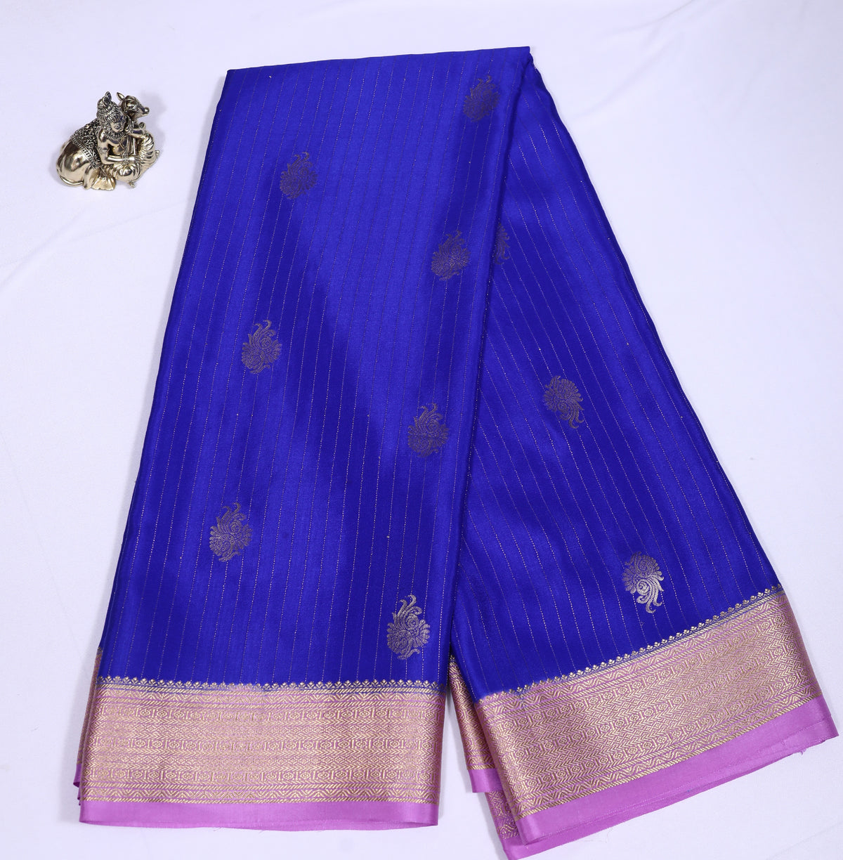 Dark Blue with Pink Checks Butta Pure Crepe Silk Saree