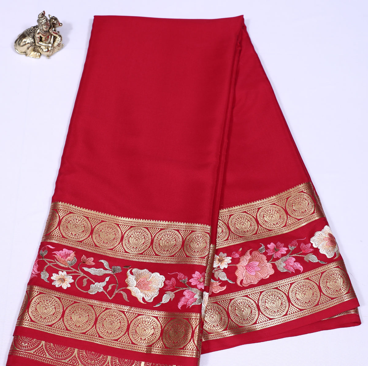 Red Self Plain Emb Work Pure Crepe Silk Saree